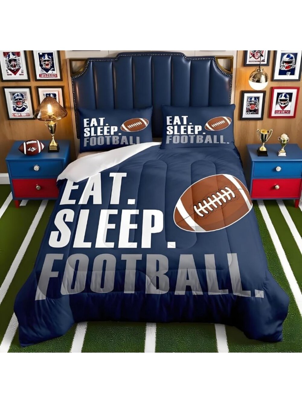 Full Size Football Comforter Set for Boys - Navy Blue Sports Bedding, 3-Piece